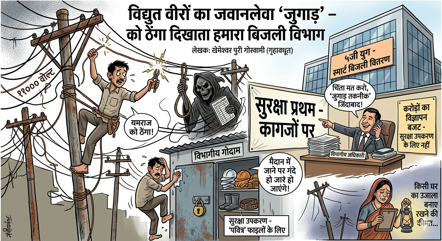 विद्युत वीरों का जानलेवा ‘जुगाड़’: यमराज को ठेंगा दिखाता हमारा बिजली विभाग विद्युत वीरों का जानलेवा ‘जुगाड़’: यमराज को ठेंगा दिखाता हमारा बिजली विभाग